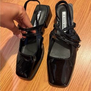 Vintage Black Patent Square-Toe Cross-Strap Slingback Heels